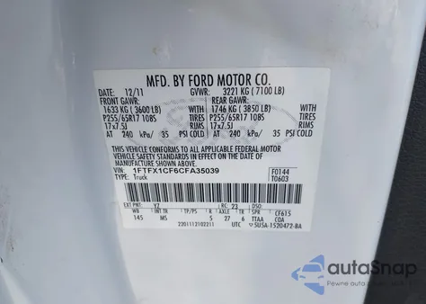 2012 Ford F-150 Xlt z USA, uszkodzony, nr VIN 1FTFX1CF6CFA35039